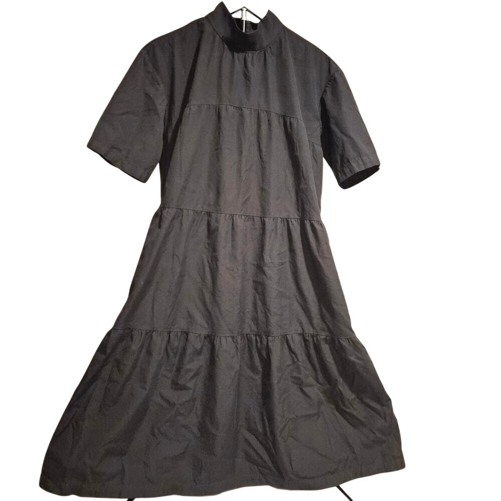 Everlane Black Tiered Cotton Mock Neck Midi Dress Short Sleeve Size S